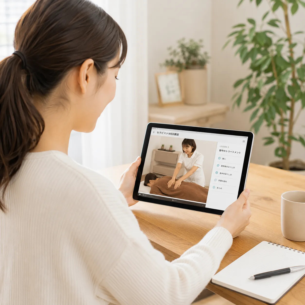いつでも何度でも視聴可能な学習動画を視聴する女性